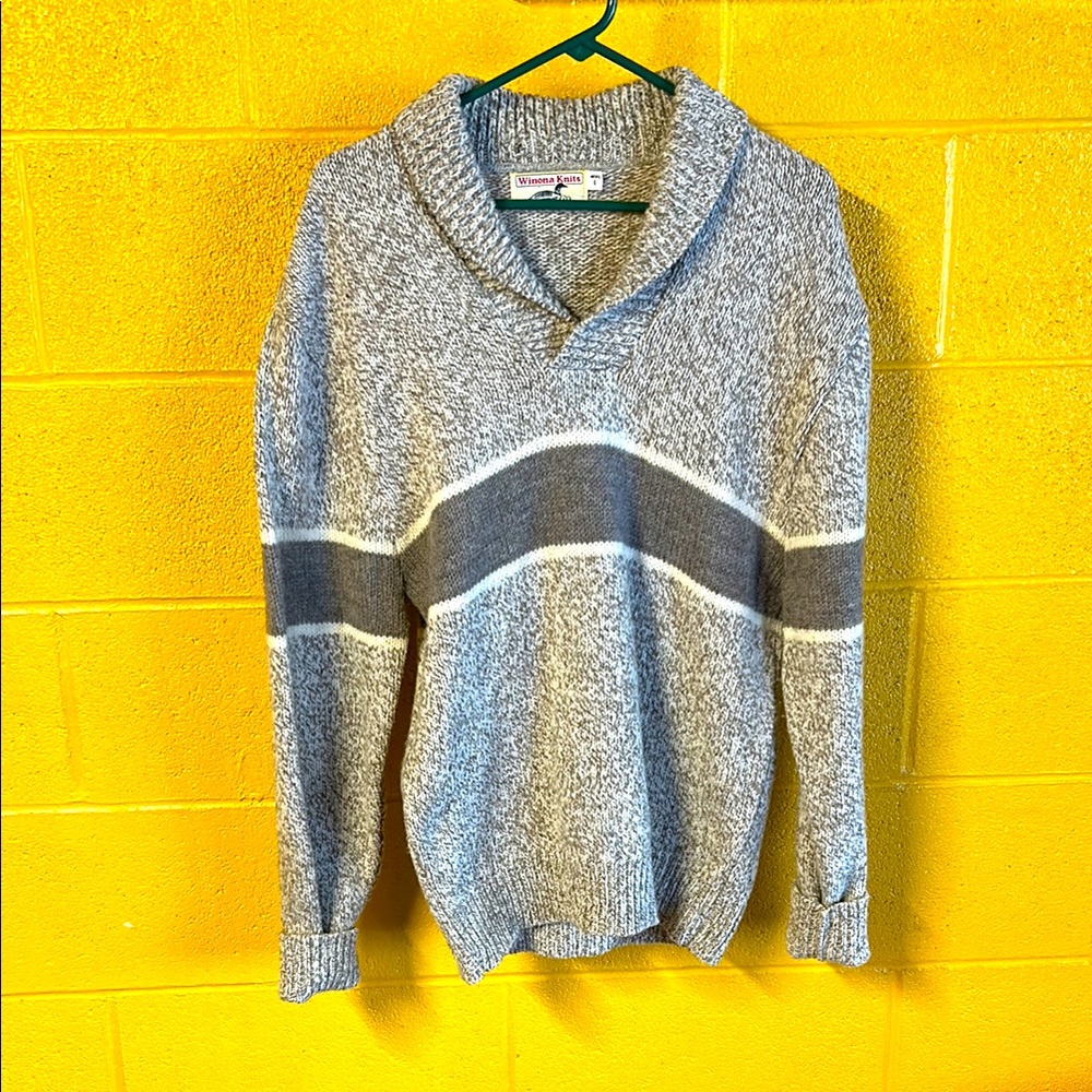Winona knits, 100% wool, Men's Gray Sweater with Shawl Collar